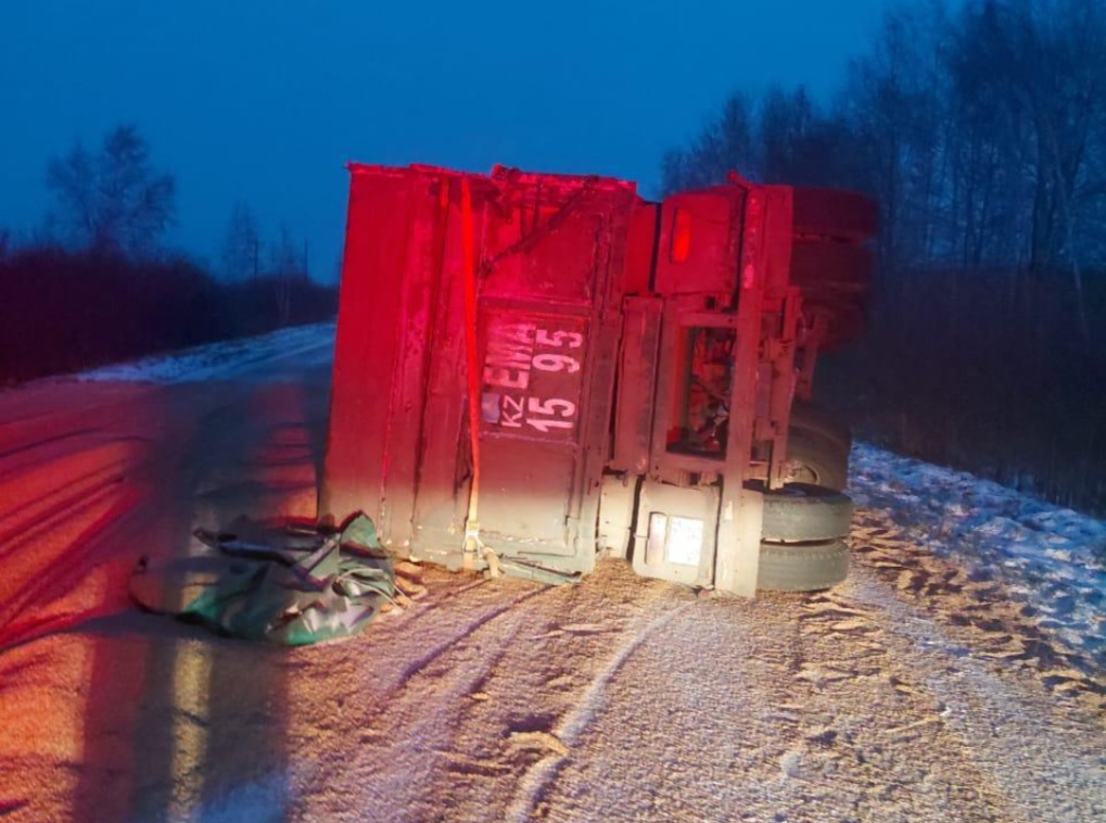 Прицеп КамАЗа с ячменем перевернулся в СКО