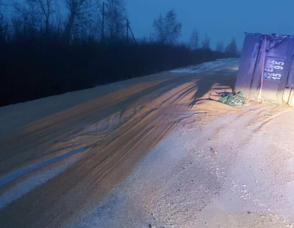 Прицеп КамАЗа с ячменем перевернулся в СКО