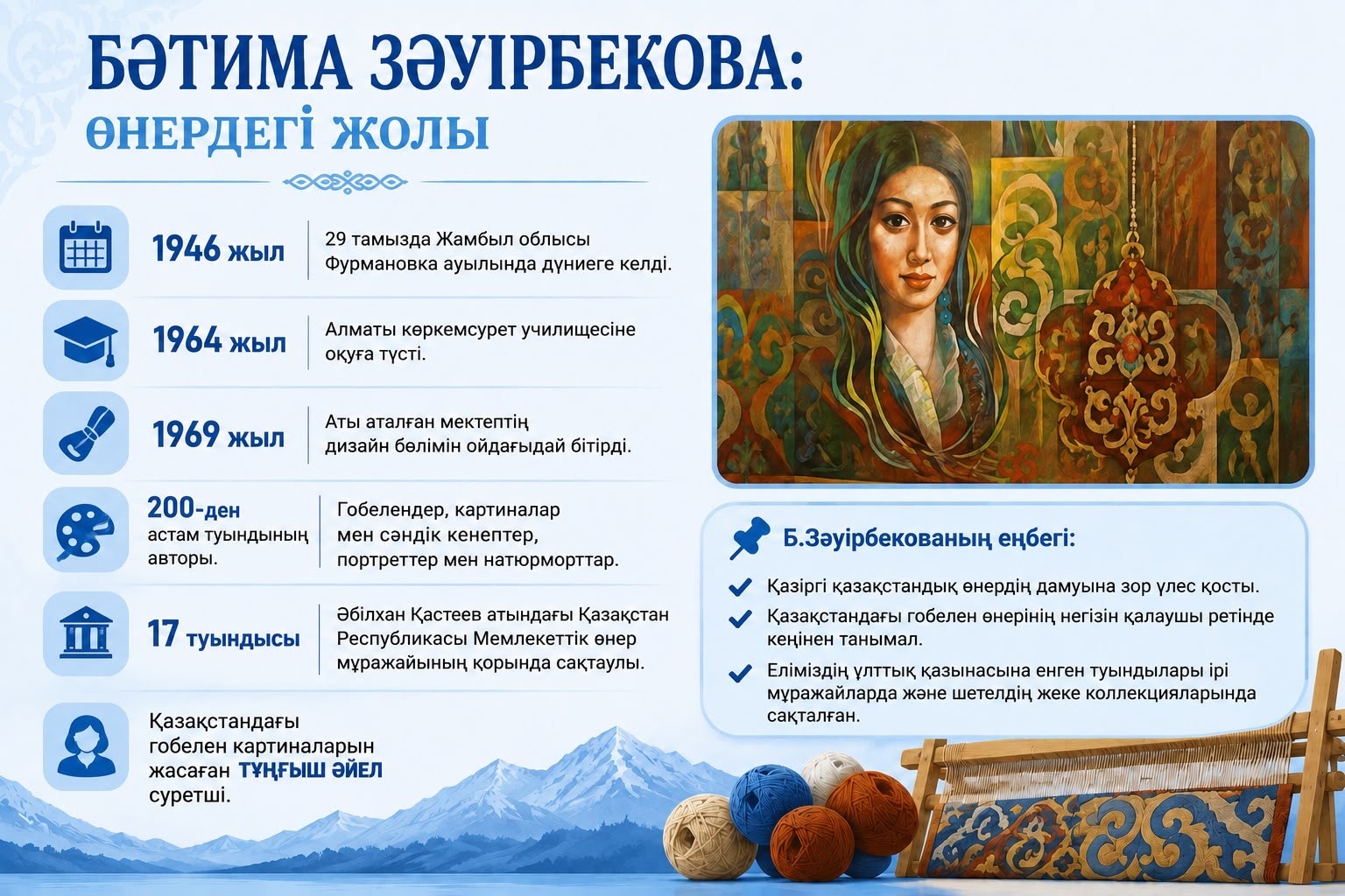 200-ден астам туынды жасаған: Қазақстандағы тұңғыш әйел гобеленші Бәтима Зәуірбекова кім?